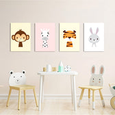 Cute Baby Animals Monkey Giraffe Tiger 4 Pieces Kids Metal Wall Art.