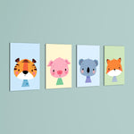 Cute Baby Animals Tiger Pig Koala Fox 4 Pieces Kids Metal Wall Art.