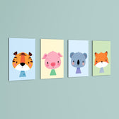 Cute Baby Animals Tiger Pig Koala Fox 4 Pieces Kids Metal Wall Art.