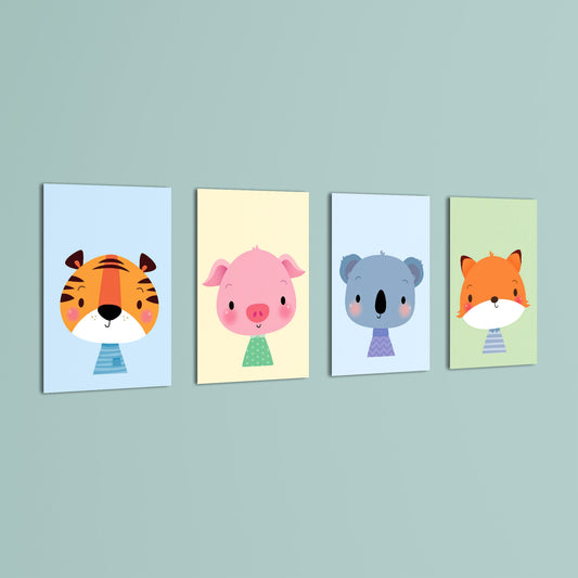 Cute Baby Animals Tiger Pig Koala Fox 4 Pieces Kids Metal Wall Art.