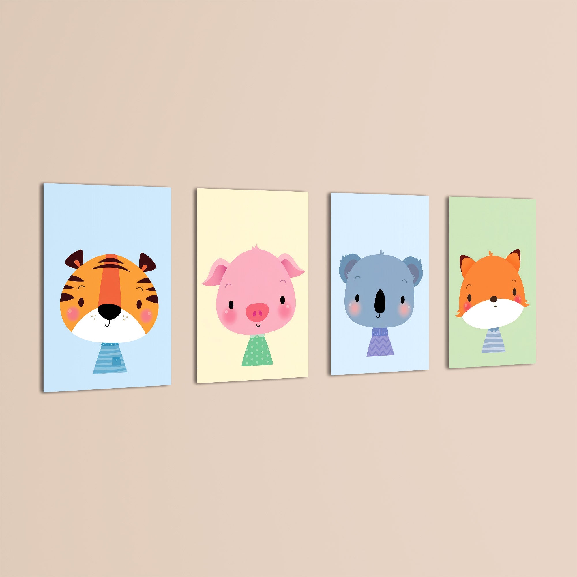 Cute Baby Animals Tiger Pig Koala Fox 4 Pieces Kids Metal Wall Art.