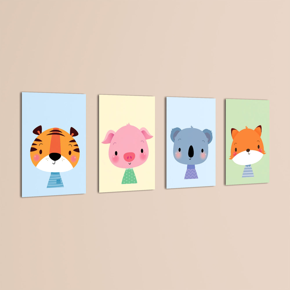 Cute Baby Animals Tiger Pig Koala Fox 4 Pieces Kids Metal Wall Art.
