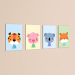 Cute Baby Animals Tiger Pig Koala Fox 4 Pieces Kids Metal Wall Art.