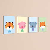 Cute Baby Animals Tiger Pig Koala Fox 4 Pieces Kids Metal Wall Art.