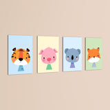 Cute Baby Animals Tiger Pig Koala Fox 4 Pieces Kids Metal Wall Art.