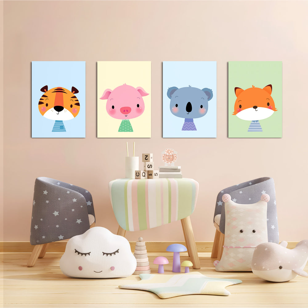 Cute Baby Animals Tiger Pig Koala Fox 4 Pieces Kids Metal Wall Art.