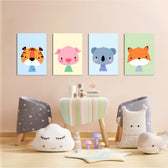 Cute Baby Animals Tiger Pig Koala Fox 4 Pieces Kids Metal Wall Art.