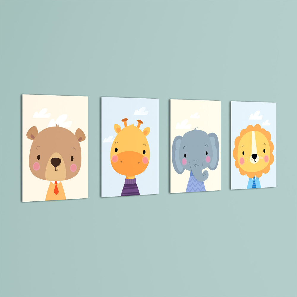 Dapper Baby Animals Bear Giraffe Elephant Lion 4 Pieces Kids Metal Wall Art.