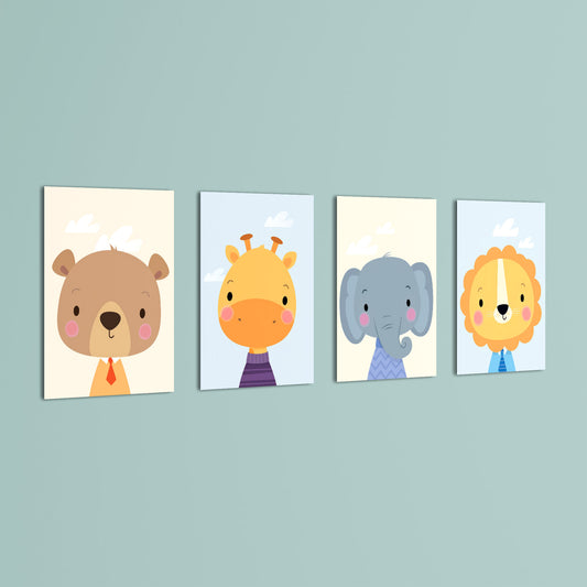 Dapper Baby Animals Bear Giraffe Elephant Lion 4 Pieces Kids Metal Wall Art.