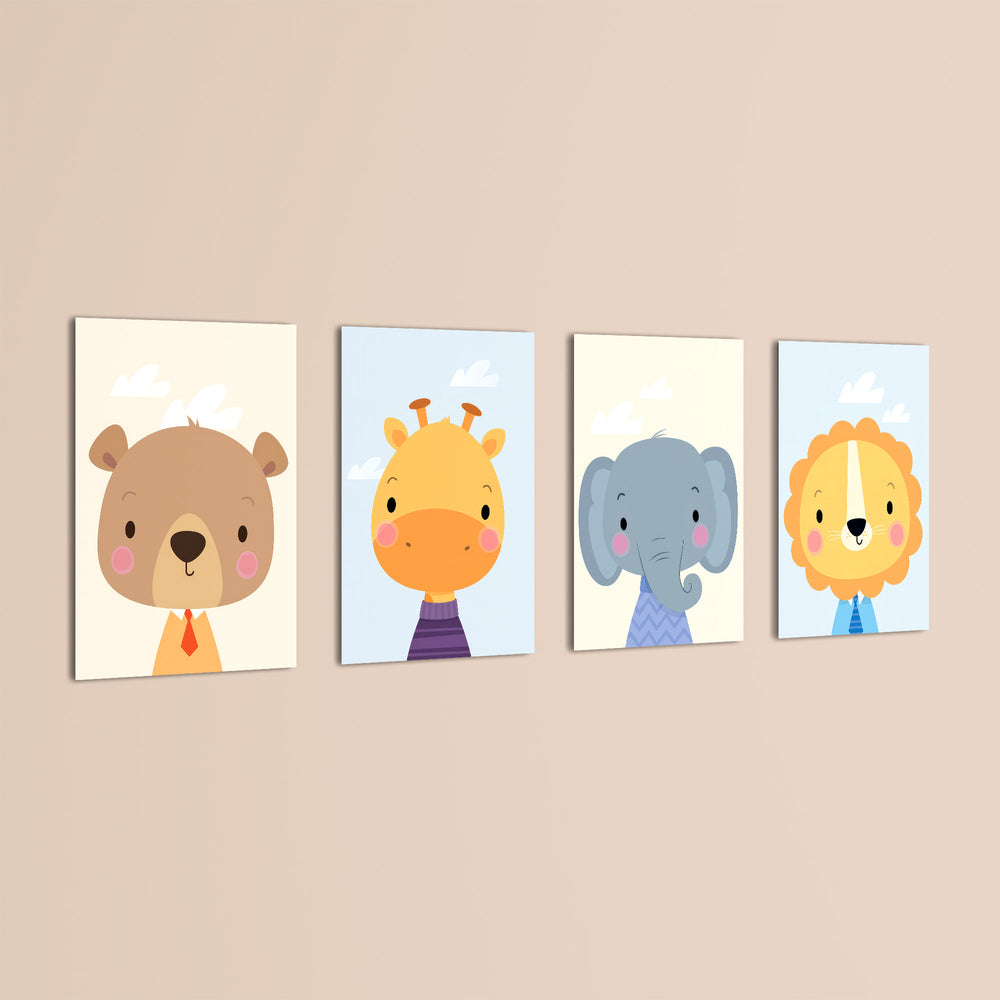 Dapper Baby Animals Bear Giraffe Elephant Lion 4 Pieces Kids Metal Wall Art.