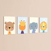 Dapper Baby Animals Bear Giraffe Elephant Lion 4 Pieces Kids Metal Wall Art.