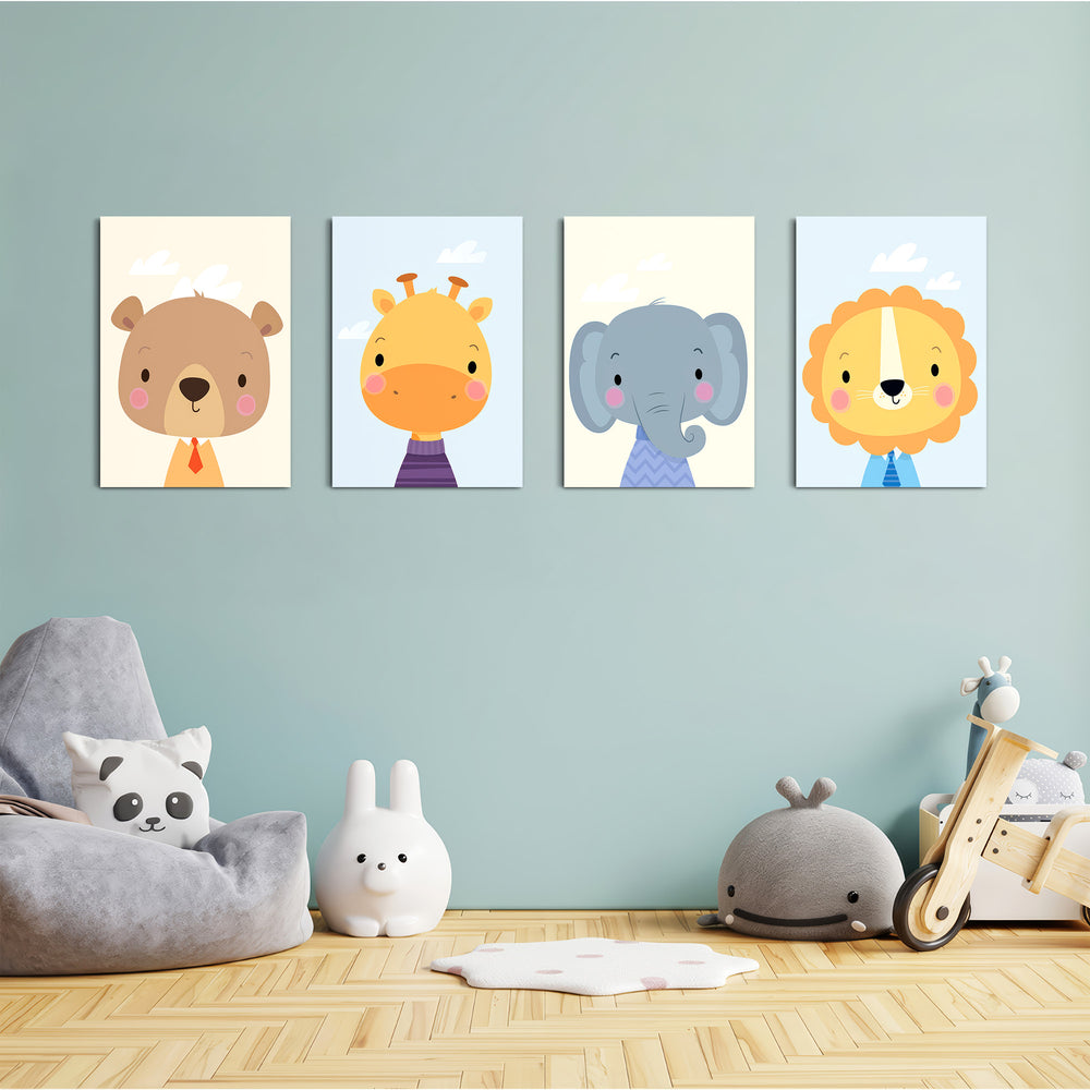 Dapper Baby Animals Bear Giraffe Elephant Lion 4 Pieces Kids Metal Wall Art.