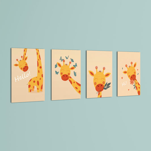 Happy Giraffe Hello Hi 4 Pieces Kids Metal Wall Art.