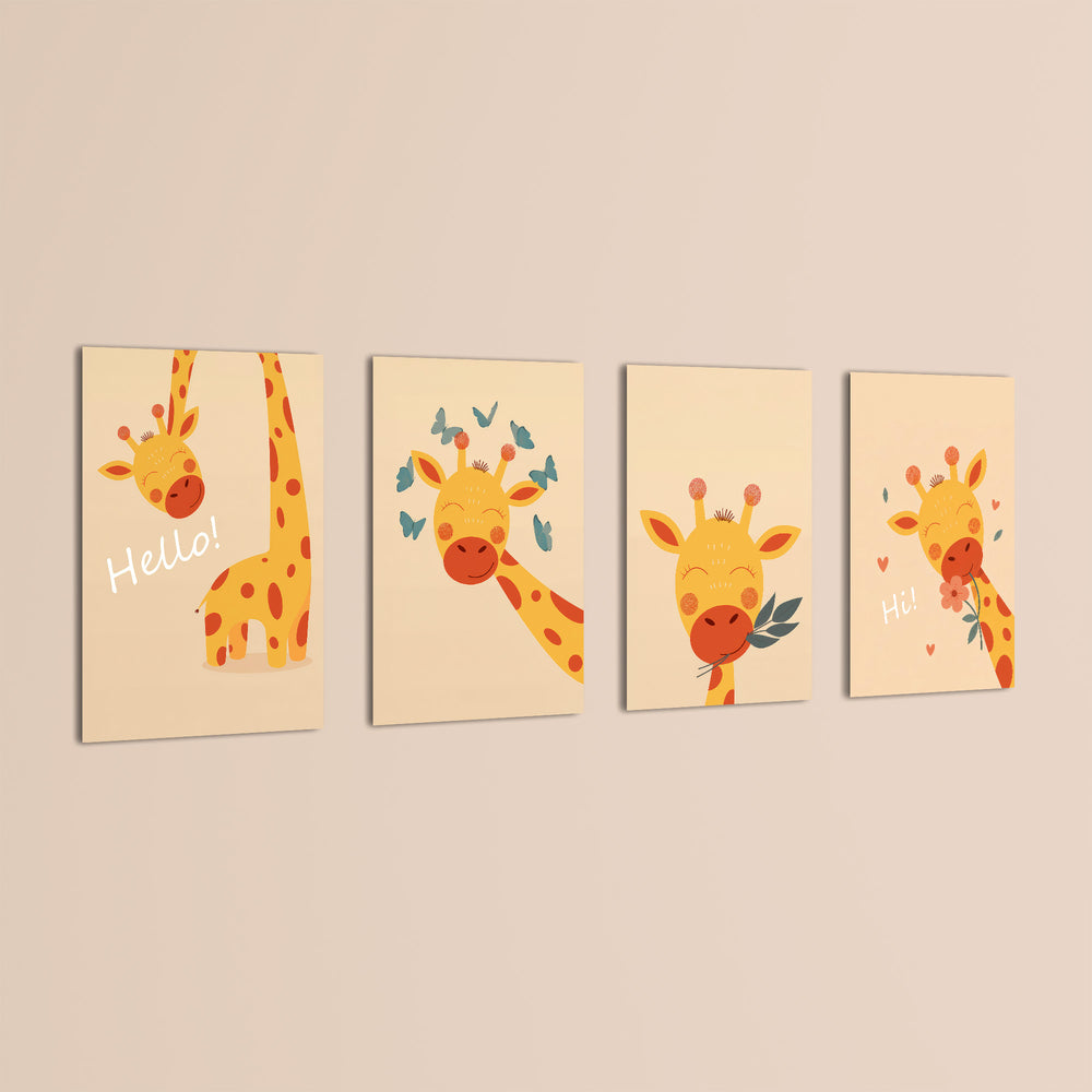 Happy Giraffe Hello Hi 4 Pieces Kids Metal Wall Art.