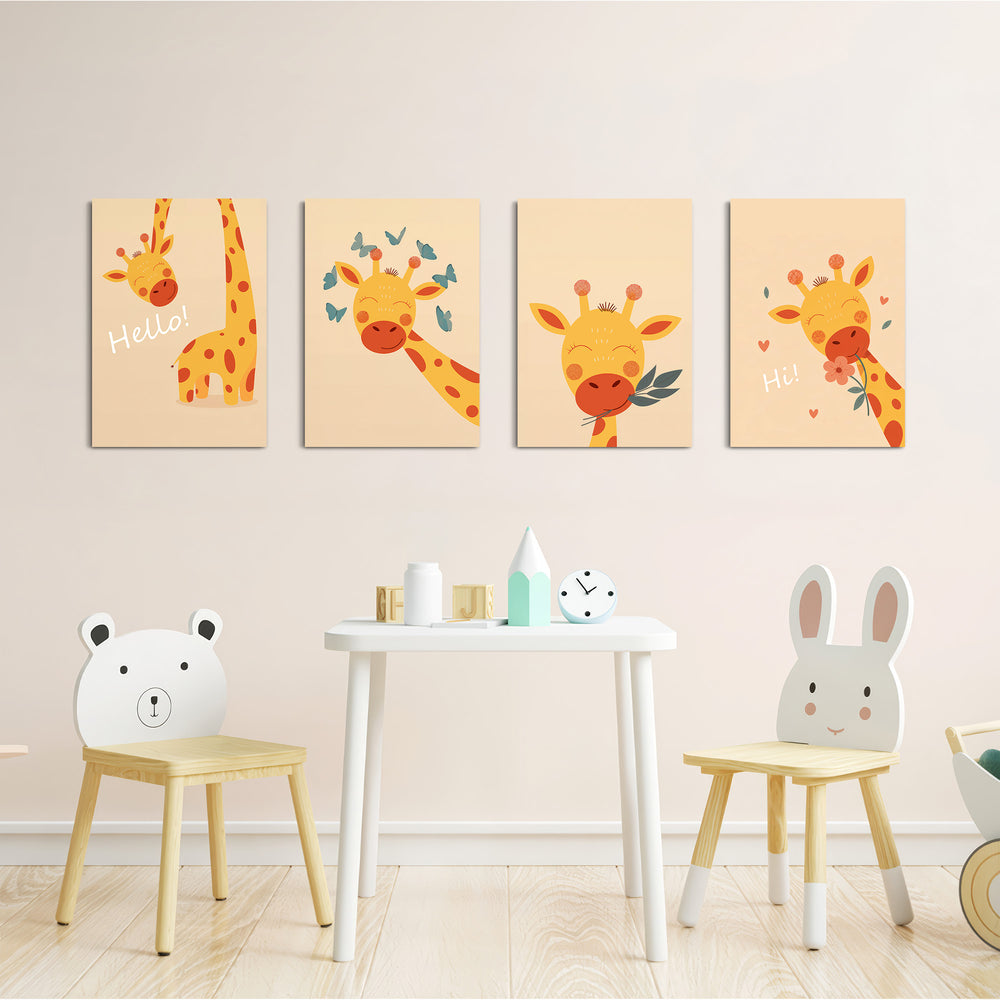 Happy Giraffe Hello Hi 4 Pieces Kids Metal Wall Art.