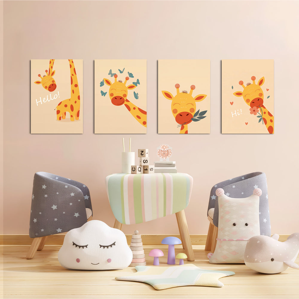 Happy Giraffe Hello Hi 4 Pieces Kids Metal Wall Art.