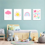 Pastel Rainbow Sun Cloud Hearts 4 Pieces Kids Metal Wall Art.