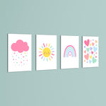 Pastel Rainbow Sun Cloud Hearts 4 Pieces Kids Metal Wall Art.