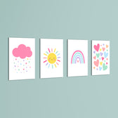 Pastel Rainbow Sun Cloud Hearts 4 Pieces Kids Metal Wall Art.