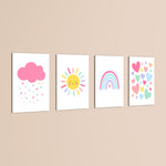 Pastel Rainbow Sun Cloud Hearts 4 Pieces Kids Metal Wall Art.