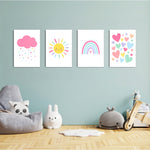 Pastel Rainbow Sun Cloud Hearts 4 Pieces Kids Metal Wall Art.