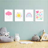 Pastel Rainbow Sun Cloud Hearts 4 Pieces Kids Metal Wall Art.