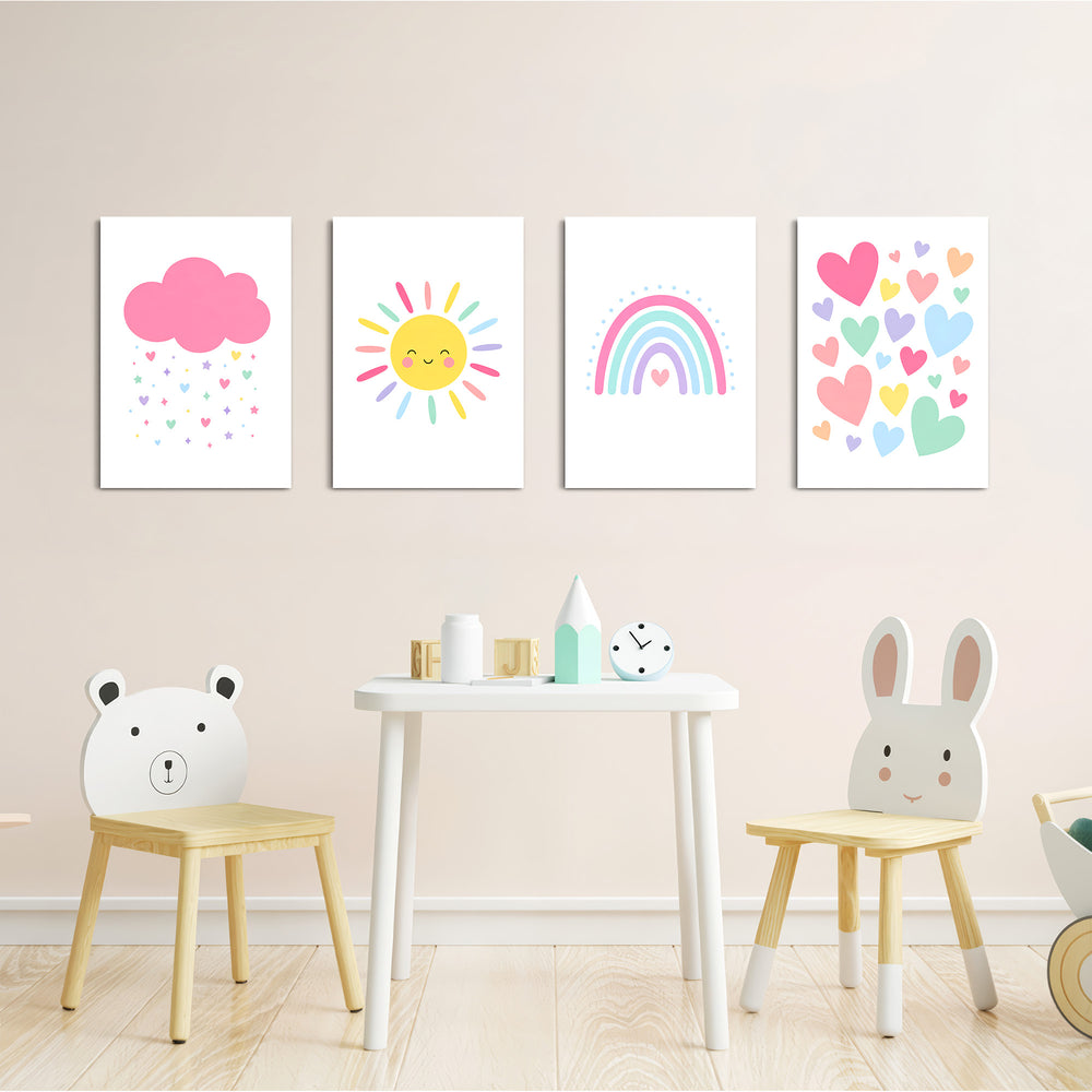 Pastel Rainbow Sun Cloud Hearts 4 Pieces Kids Metal Wall Art.