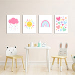 Pastel Rainbow Sun Cloud Hearts 4 Pieces Kids Metal Wall Art.