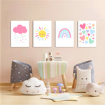Pastel Rainbow Sun Cloud Hearts 4 Pieces Kids Metal Wall Art.
