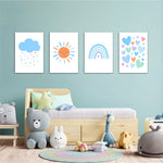 Blue Rainbow Sun Cloud Hearts 4 Pieces Kids Metal Wall Art.