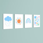 Blue Rainbow Sun Cloud Hearts 4 Pieces Kids Metal Wall Art.