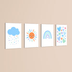 Blue Rainbow Sun Cloud Hearts 4 Pieces Kids Metal Wall Art.