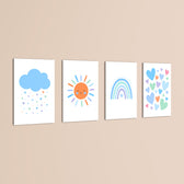 Blue Rainbow Sun Cloud Hearts 4 Pieces Kids Metal Wall Art.
