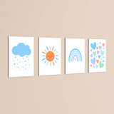 Blue Rainbow Sun Cloud Hearts 4 Pieces Kids Metal Wall Art.