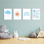 Blue Rainbow Sun Cloud Hearts 4 Pieces Kids Metal Wall Art.