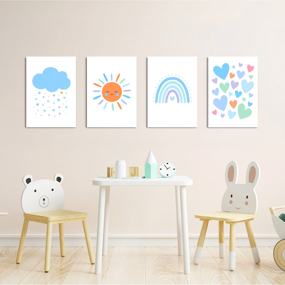 Blue Rainbow Sun Cloud Hearts 4 Pieces Kids Metal Wall Art.