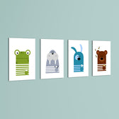 Scandinavian Animals Frog Walrus Dog Bear 4 Pieces Kids Metal Wall Art.