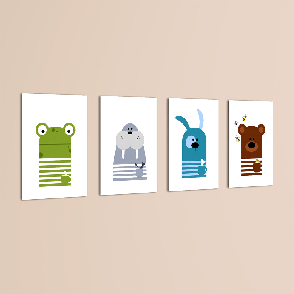Scandinavian Animals Frog Walrus Dog Bear 4 Pieces Kids Metal Wall Art.