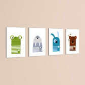 Scandinavian Animals Frog Walrus Dog Bear 4 Pieces Kids Metal Wall Art.