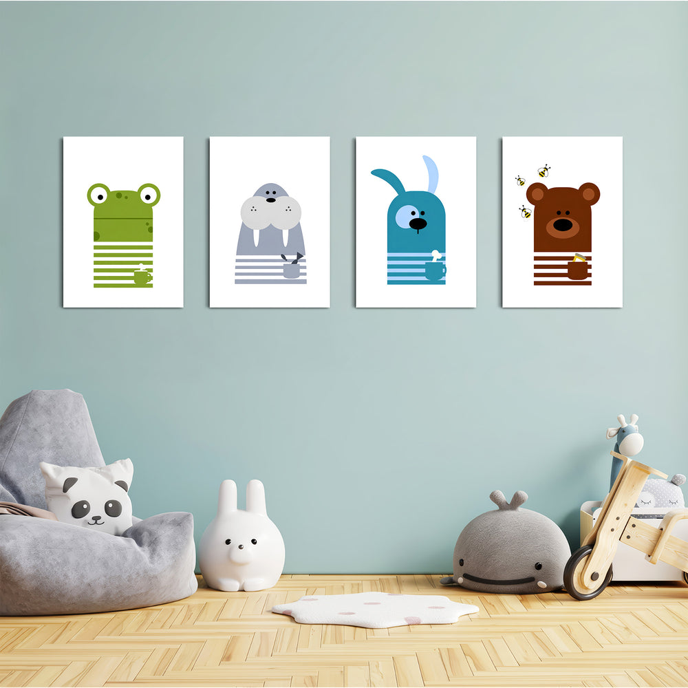 Scandinavian Animals Frog Walrus Dog Bear 4 Pieces Kids Metal Wall Art.