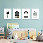 Black and White Animals Zebra Gorilla Penguin Hippo 4 Pieces Kids Metal Wall Art.