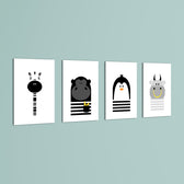 Black and White Animals Zebra Gorilla Penguin Hippo 4 Pieces Kids Metal Wall Art.