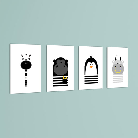 Black and White Animals Zebra Gorilla Penguin Hippo 4 Pieces Kids Metal Wall Art.