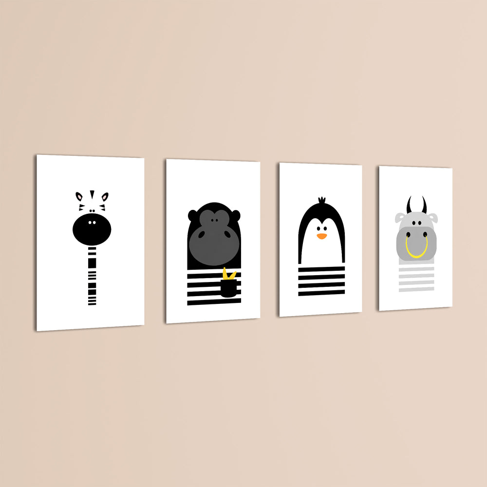 Black and White Animals Zebra Gorilla Penguin Hippo 4 Pieces Kids Metal Wall Art.