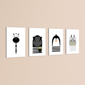 Black and White Animals Zebra Gorilla Penguin Hippo 4 Pieces Kids Metal Wall Art.