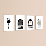 Black and White Animals Zebra Gorilla Penguin Hippo 4 Pieces Kids Metal Wall Art.