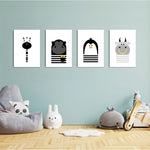 Black and White Animals Zebra Gorilla Penguin Hippo 4 Pieces Kids Metal Wall Art.
