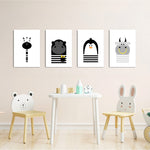 Black and White Animals Zebra Gorilla Penguin Hippo 4 Pieces Kids Metal Wall Art.