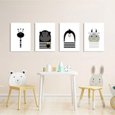 Black and White Animals Zebra Gorilla Penguin Hippo 4 Pieces Kids Metal Wall Art.