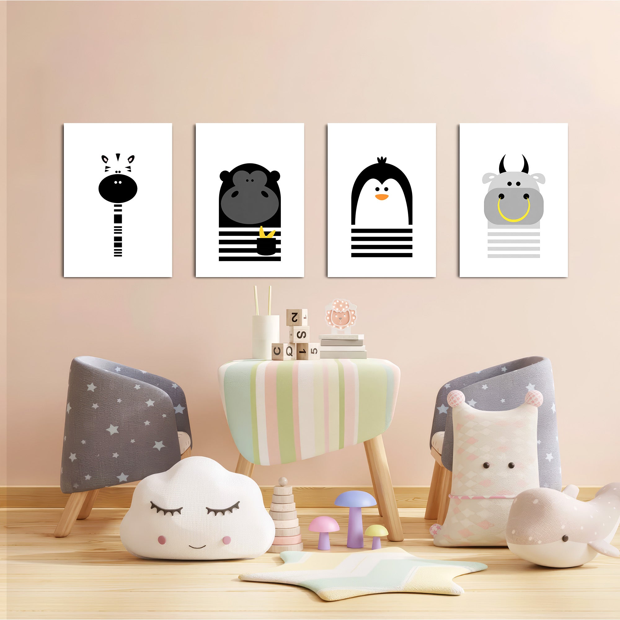Black and White Animals Zebra Gorilla Penguin Hippo 4 Pieces Kids Metal Wall Art.